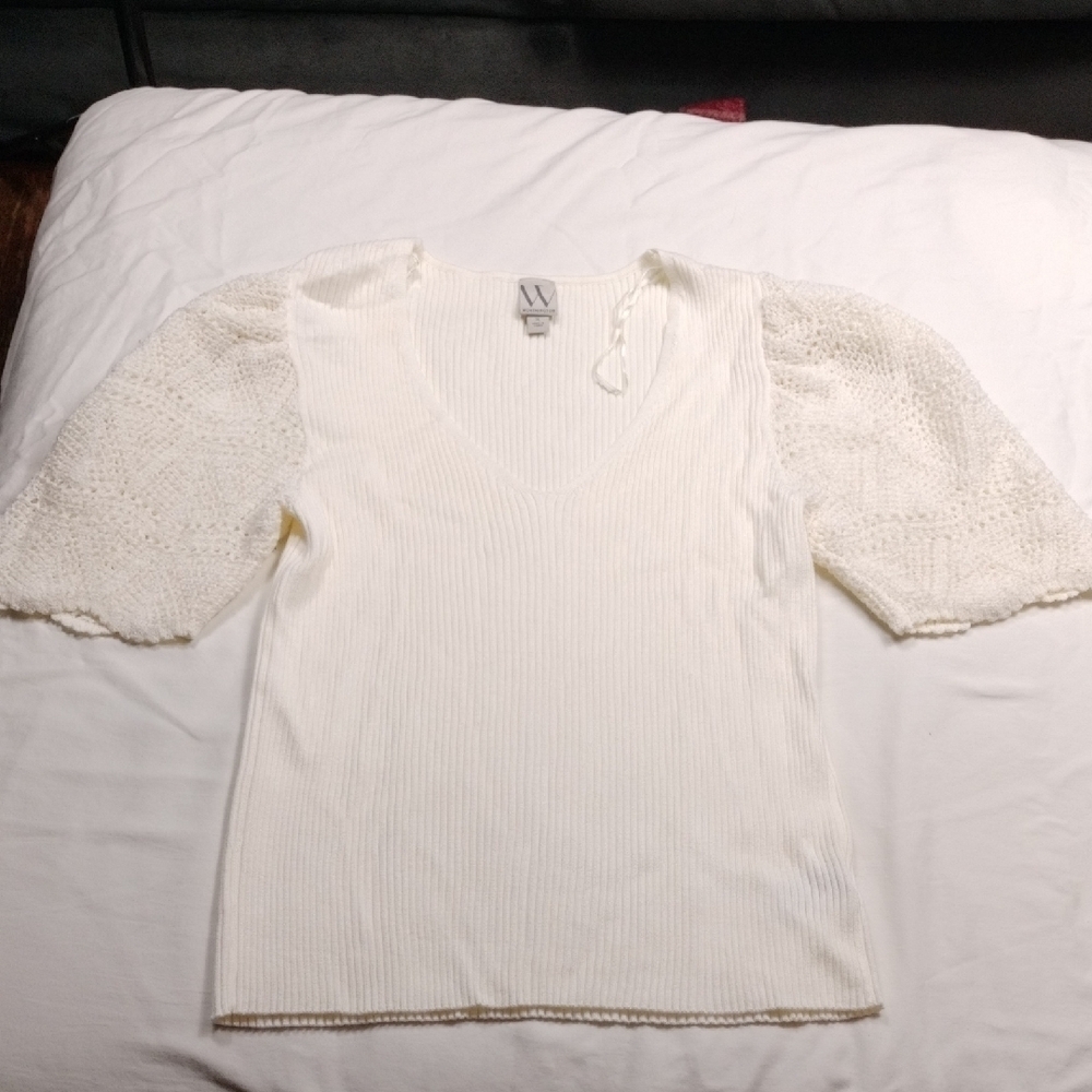 Worthington Cream Ribbed V Neck Knit Top Size XL